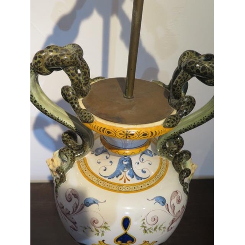 511 - A Cantagali twin handled porcelain vase, adapted as a table lamp, with moulded snake form,handles fl... 