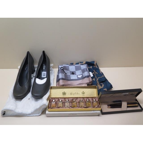 505 - Luxury goods comprising: a pair of ladies Audlay grey leather shoes, size 40 Euro, a Mary Chess Domi... 