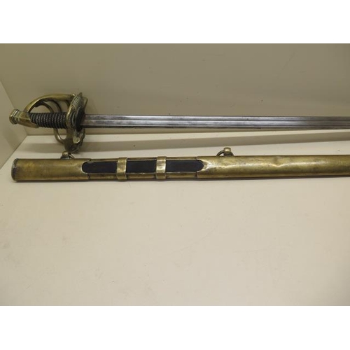 1085 - A 19th century French Grenadier officer's sword by Klinyenthal, with brass scabbard, the double full... 