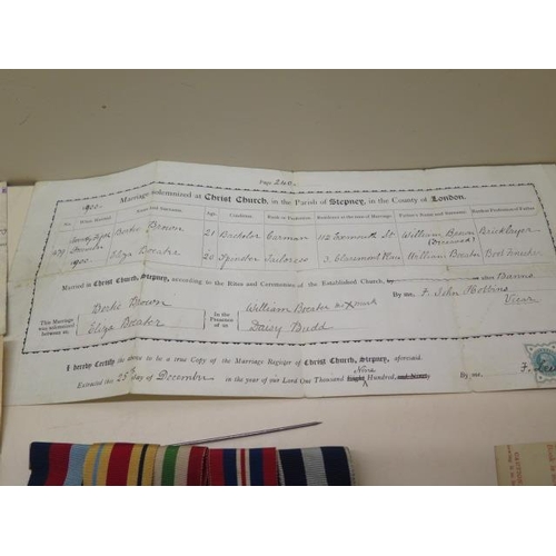 1090 - A group of WWII medals (unnamed) and various documents, badges relating to Pte James Roland Brown 97... 