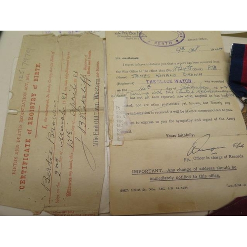 1090 - A group of WWII medals (unnamed) and various documents, badges relating to Pte James Roland Brown 97... 