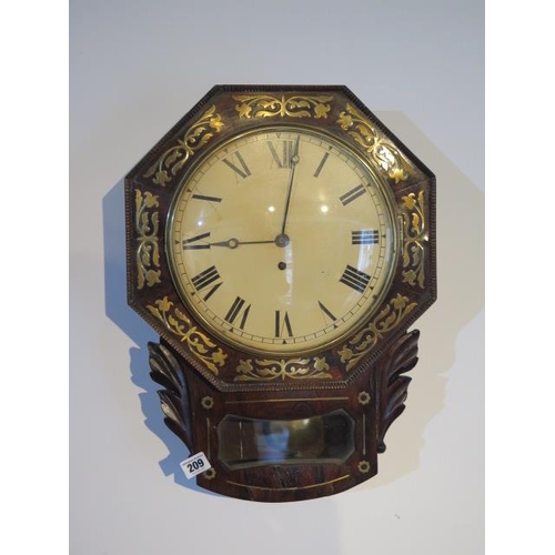 209 - A 19th century 8 day rosewood brass inlaid drop dial wall clock with fusee movement, 10