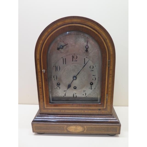 211 - A German inlaid mahogany bracket / table clock striking on five rods, 38cm tall, running and in gene... 