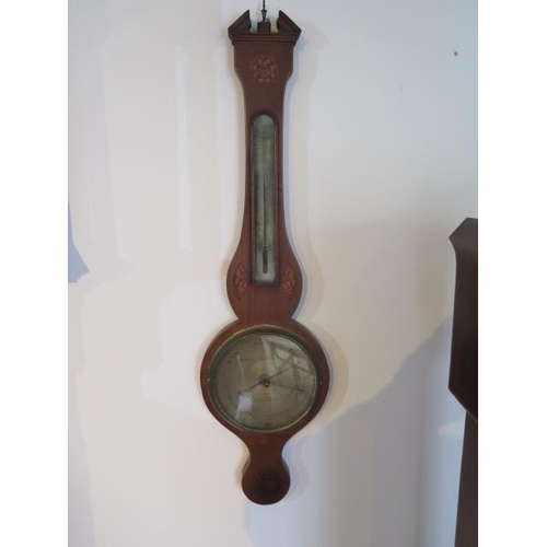 218 - A 19th century shell inlaid mahogany barometer with thermometer