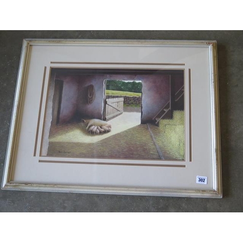 302 - Paul Dawson watercolour, Sow and litter in barn, in a distressed silver frame, 53cm x 67cm, in good ... 