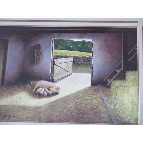 302 - Paul Dawson watercolour, Sow and litter in barn, in a distressed silver frame, 53cm x 67cm, in good ... 