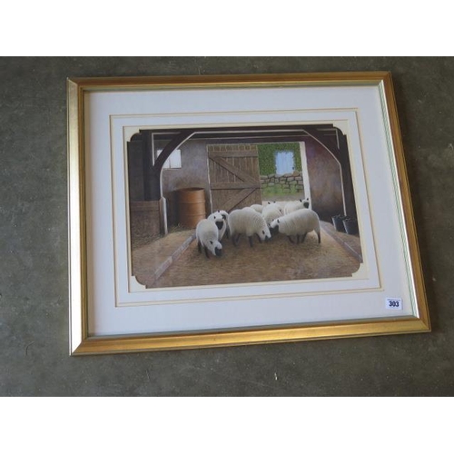 303 - Paul Dawson watercolour, Sheep in a barn, in a distressed silver gilt frame, 56cm x 68cm, in good co... 