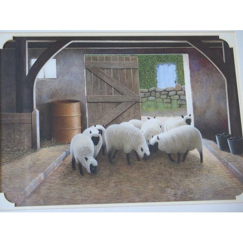 303 - Paul Dawson watercolour, Sheep in a barn, in a distressed silver gilt frame, 56cm x 68cm, in good co... 