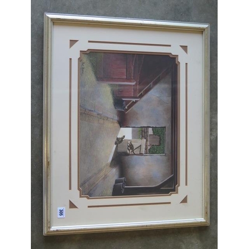 305 - Paul Dawson watercolour, Kittens in a barn, in a distressed silver frame, 54cm x 67cm, marks to fram... 