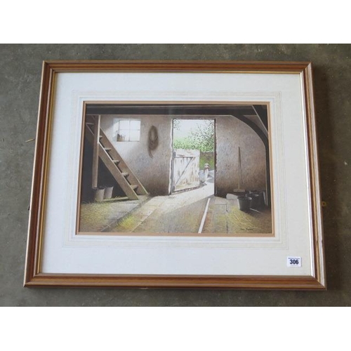 306 - Paul Dawson watercolour, Geese in a barn, in an oak effect frame, 56cm x 68cm, in good condition