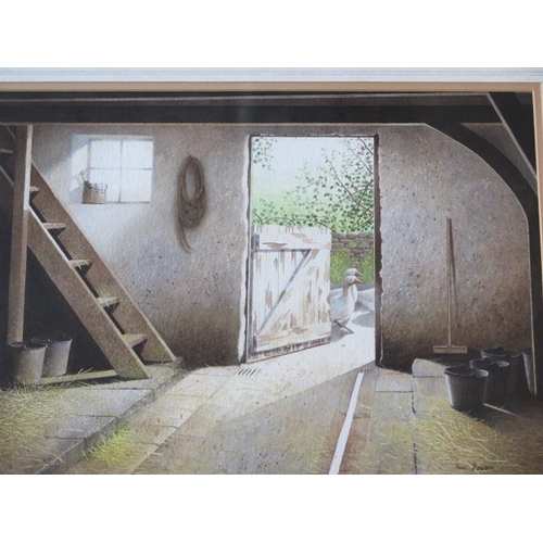 306 - Paul Dawson watercolour, Geese in a barn, in an oak effect frame, 56cm x 68cm, in good condition