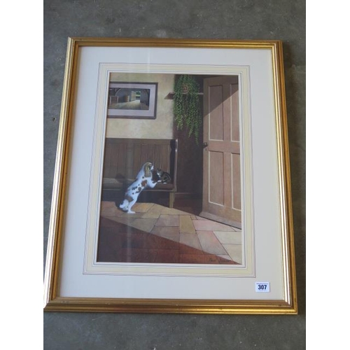 307 - Paul Dawson watercolour, Friends in the hallway, in a gilt frame, 71cm x 57cm, in good condition