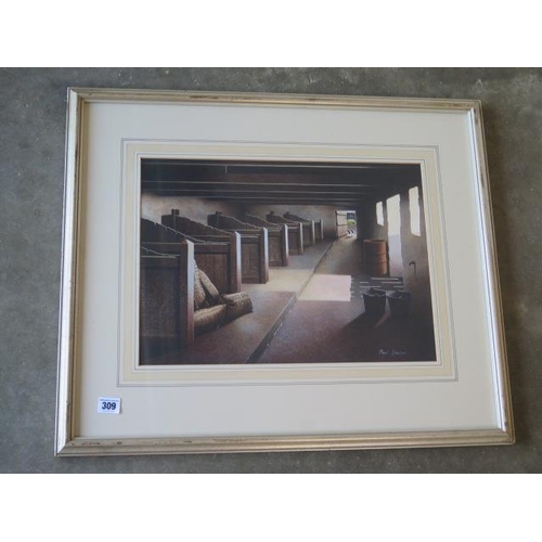 309 - Paul Dawson watercolour, Cow stalls in a barn, in a distressed silver frame, 68cm x 57cm, good condi... 