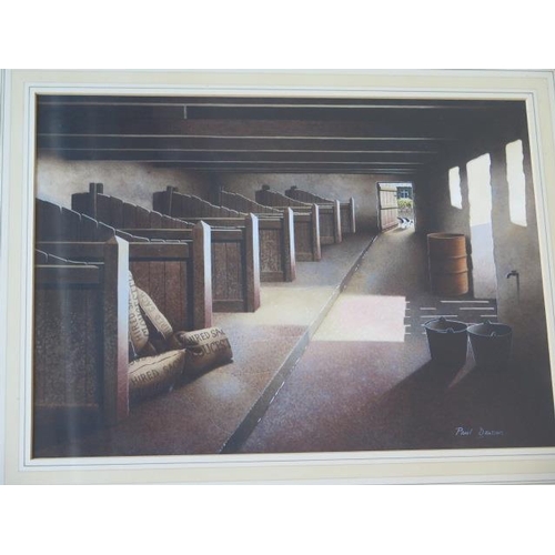 309 - Paul Dawson watercolour, Cow stalls in a barn, in a distressed silver frame, 68cm x 57cm, good condi... 