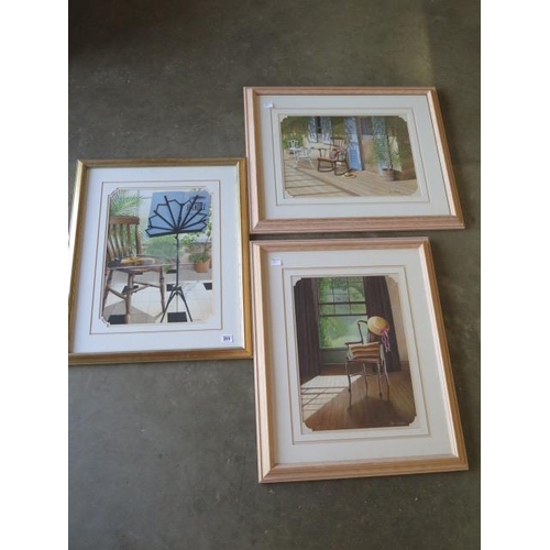 311 - Paul Dawson three watercolours, Chairs with hats and violin, two in limed oak frames and one in a di... 