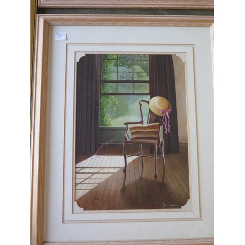 311 - Paul Dawson three watercolours, Chairs with hats and violin, two in limed oak frames and one in a di... 