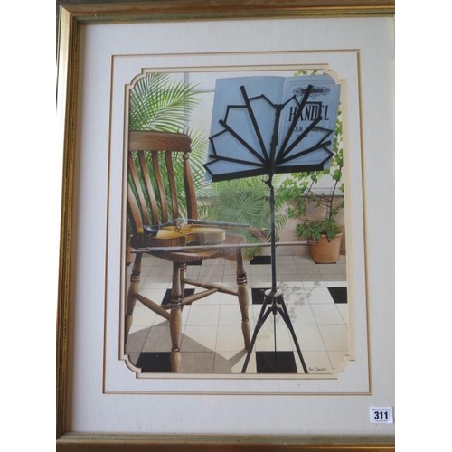 311 - Paul Dawson three watercolours, Chairs with hats and violin, two in limed oak frames and one in a di... 