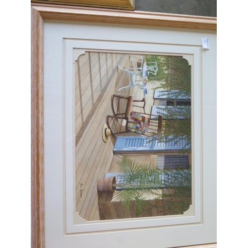 311 - Paul Dawson three watercolours, Chairs with hats and violin, two in limed oak frames and one in a di... 