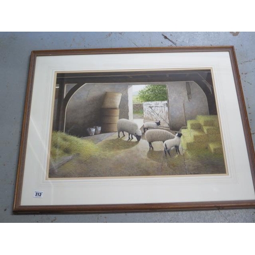 312 - Paul Dawson watercolour, Sheep in a barn, in an oak effect frame, 66cm x 80cm, good condition with s... 