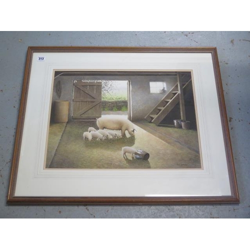 313 - Paul Dawson watercolour, Sow and piglets in a barn, in an oak effect frame, 64cm x 74cm, some knocks... 