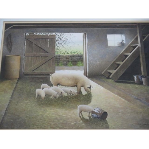 313 - Paul Dawson watercolour, Sow and piglets in a barn, in an oak effect frame, 64cm x 74cm, some knocks... 