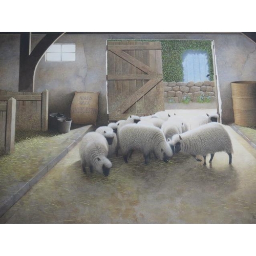 314 - Paul Dawson watercolour, Sheep in a barn, in a gilt frame, 70cm x 91cm, in good condition