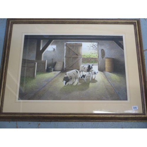 315 - Paul Dawson watercolour, Sheep in a barn, in a gilt frame, 70cm x 91 cm, in good condition