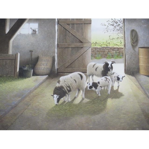 315 - Paul Dawson watercolour, Sheep in a barn, in a gilt frame, 70cm x 91 cm, in good condition