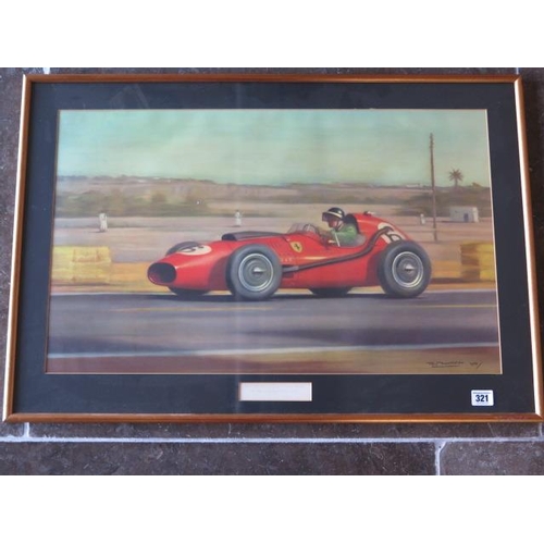 321 - A print from a Roy Hockolds painting of Mike Hawthorn driving a Ferrari during the Moroccan Grand Pr... 