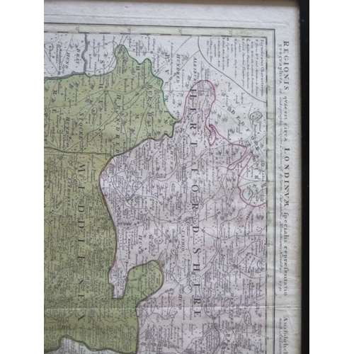 322 - An engraved coloured map of London after John Baptista Homann 18th century in an ebonised frame, 56c... 