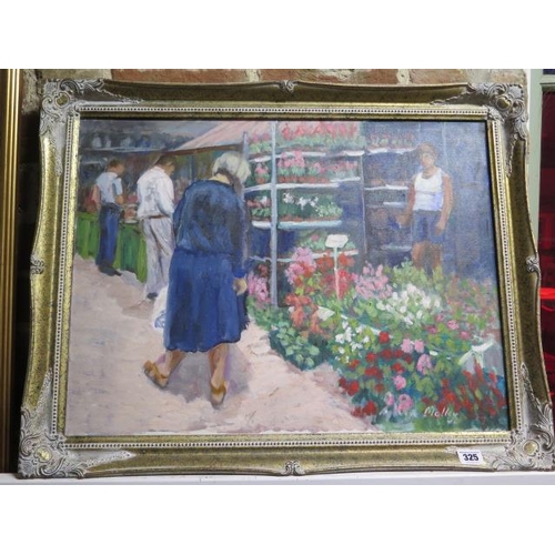 325 - Sylvia Molloy, oil on canvas, flower market in a gilt frame, frame size 55cm x 70cm