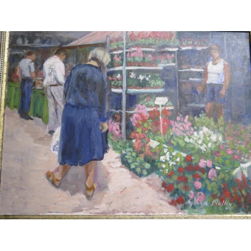 325 - Sylvia Molloy, oil on canvas, flower market in a gilt frame, frame size 55cm x 70cm