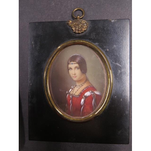 327 - A signed watercolour portrait in a 19th century and later frame, frame size 15cm x 12cm