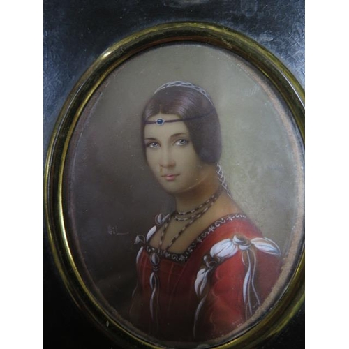 327 - A signed watercolour portrait in a 19th century and later frame, frame size 15cm x 12cm