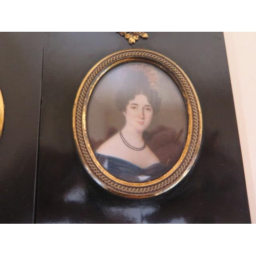 328 - Two hand painted miniatures, one entitled verso Mrs North Leicester, frame sizes 12cm x 10cm, both i... 