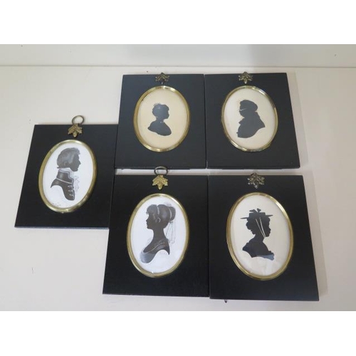 329 - Five assorted silhouettes, frames 15cm x 13cm, all good some fly under glass