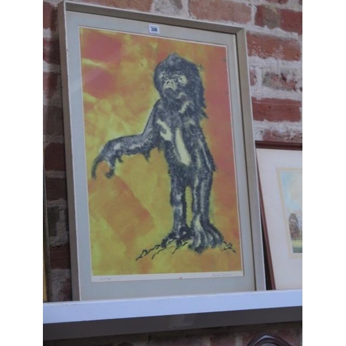 332 - Michael Gurney 'Monotype' lithographic print of a monkey, signed in pencil, framed and glazed, 74cm ... 