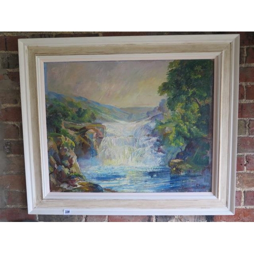 339 - An acrylic oil on canvas of a waterfall in whitened frame, 79cm x 95cm