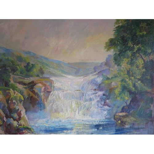 339 - An acrylic oil on canvas of a waterfall in whitened frame, 79cm x 95cm