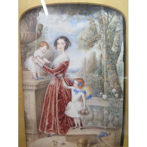 342 - A finely painted watercolour of a beautiful young lady and her two children, signed E J Carillo, in ... 