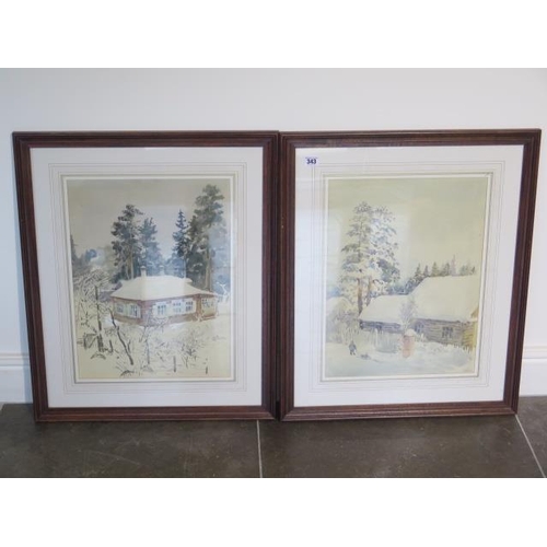 343 - Anotoli Kuvin, Russian, born 1931, a pair of watercolours snow scenes, frame sizes 67cm x 56cm, both... 