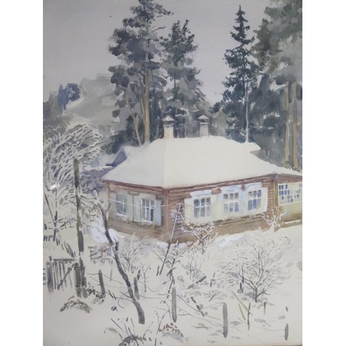 343 - Anotoli Kuvin, Russian, born 1931, a pair of watercolours snow scenes, frame sizes 67cm x 56cm, both... 