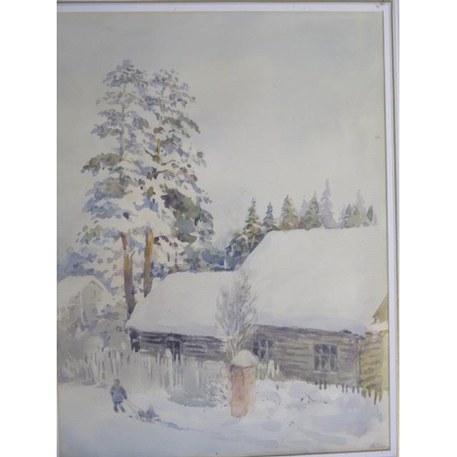 343 - Anotoli Kuvin, Russian, born 1931, a pair of watercolours snow scenes, frame sizes 67cm x 56cm, both... 