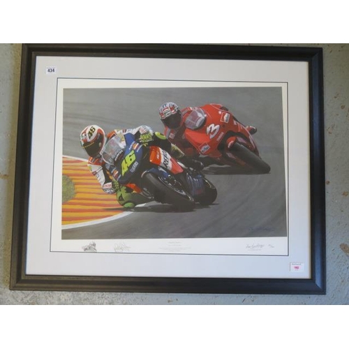 434 - A limited edition motorcycling print Mugello Maestro, 128 of 500, signed by Valentino Rossi and Roy ... 