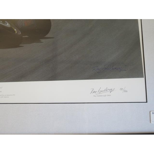 434 - A limited edition motorcycling print Mugello Maestro, 128 of 500, signed by Valentino Rossi and Roy ... 