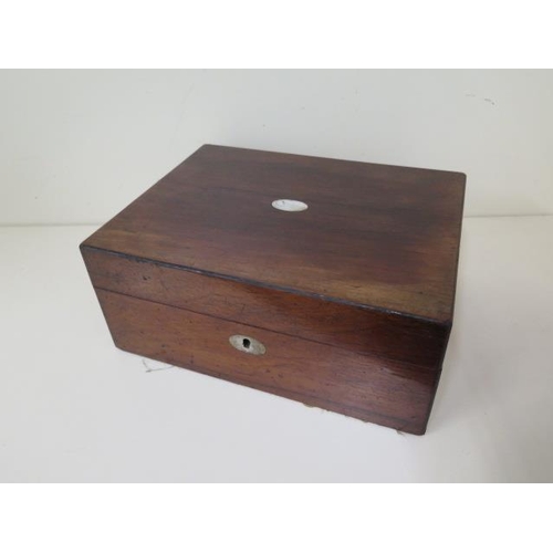 436 - A rosewood sewing box and contents, 12cm tall x 29cm x 23cm, generally good condition, no key