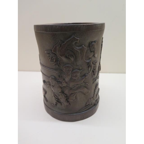 447 - A Chinese 19/20th century bamboo brush pot depicting children and animals at play, signature to one ... 