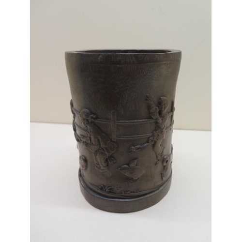 447 - A Chinese 19/20th century bamboo brush pot depicting children and animals at play, signature to one ... 