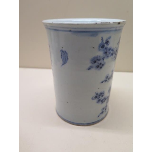 451 - A Chinese 18th century blue and white bitong (brush pot), well decorated with a bird amongst foliage... 