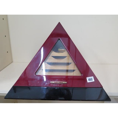 452 - A pyramid humidor with five internal trays, 33cm tall 45cm x 45cm